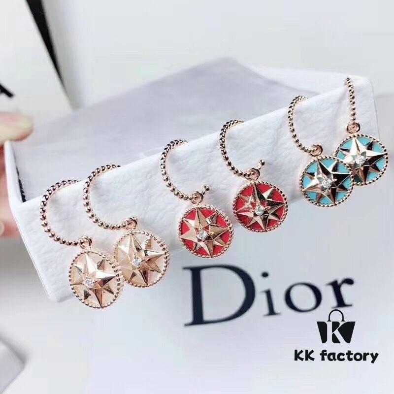 Dior Luxury Jewelry Rose Compass Eight-Pointed Star Stud Earrings - Exquisite Compass Rose Design, S925 Sterling Silver with Natural Turquoise, White Mother of Pearl, and Red Agate