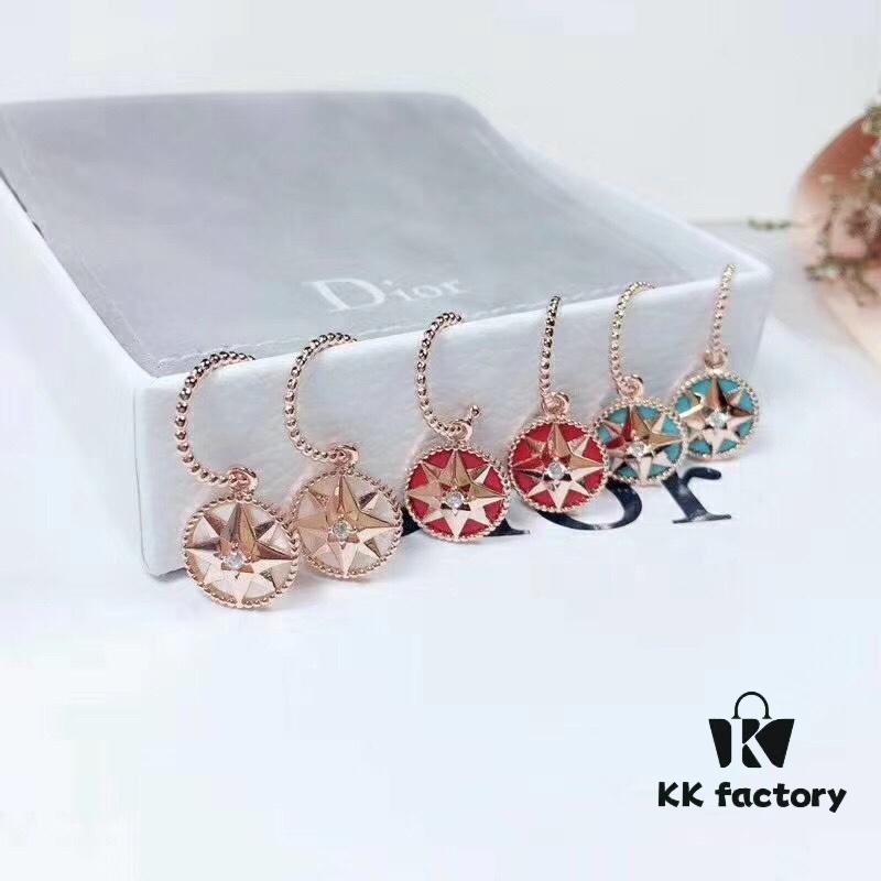 Dior Luxury Jewelry Rose Compass Eight-Pointed Star Stud Earrings - Exquisite Compass Rose Design, S925 Sterling Silver with Natural Turquoise, White Mother of Pearl, and Red Agate