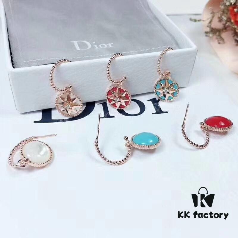 Dior Luxury Jewelry Rose Compass Eight-Pointed Star Stud Earrings - Exquisite Compass Rose Design, S925 Sterling Silver with Natural Turquoise, White Mother of Pearl, and Red Agate