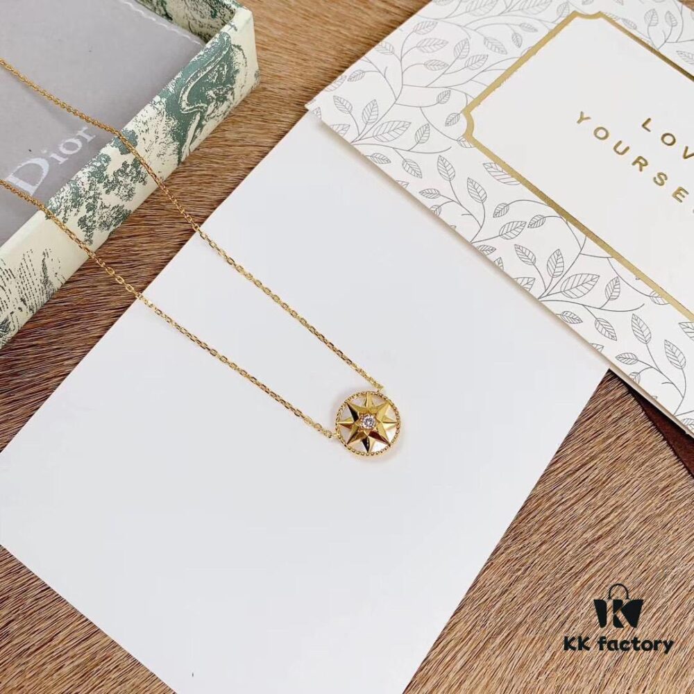 Dior Limited Edition Compass Necklace (Mother-of-Pearl Stone, Pearl White) (Sterling Silver with Gold Plating)