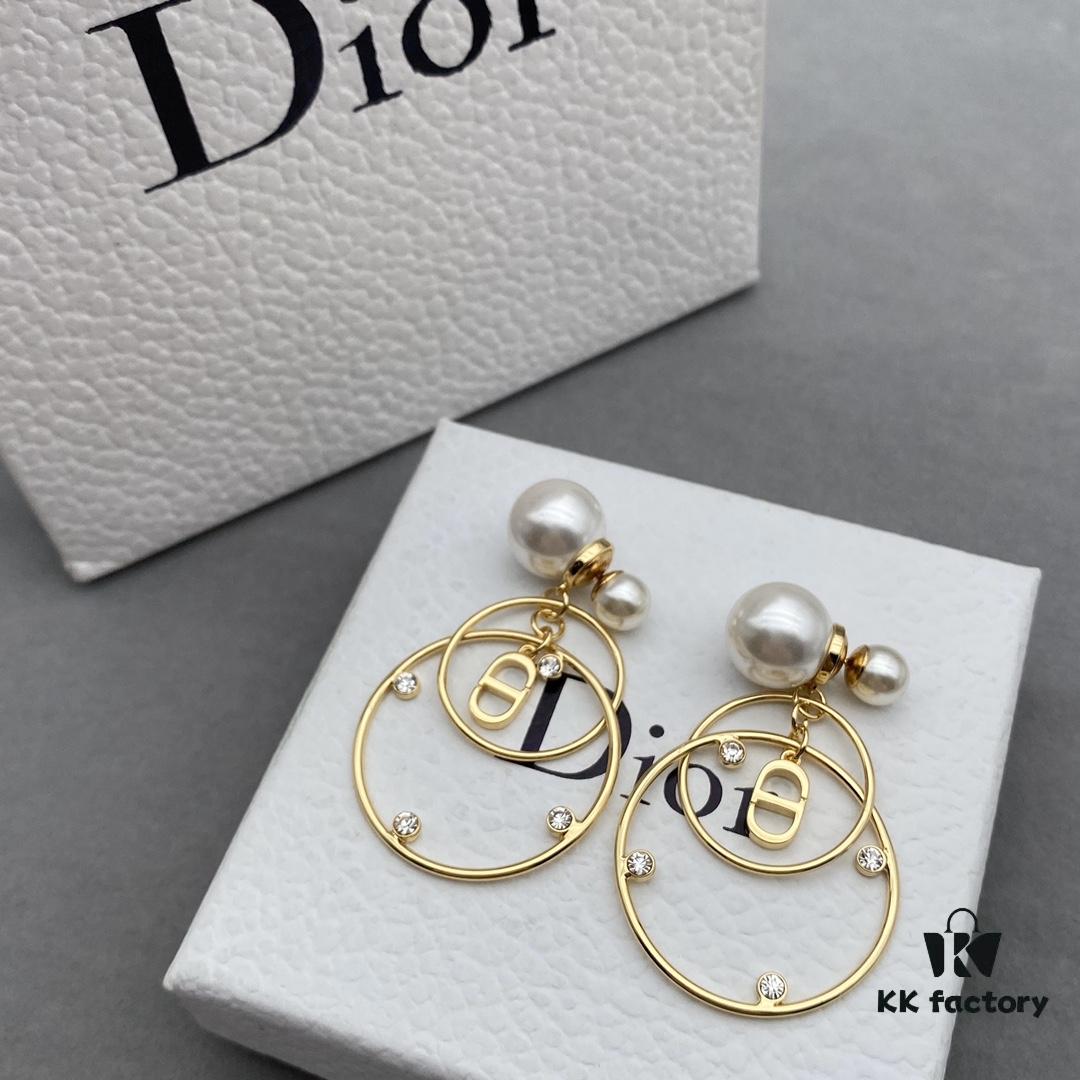 Dior Pearl CD Earrings with Intersecting Large and Small Hoop Design, Adorable and Elegant, Delicately Ethereal
