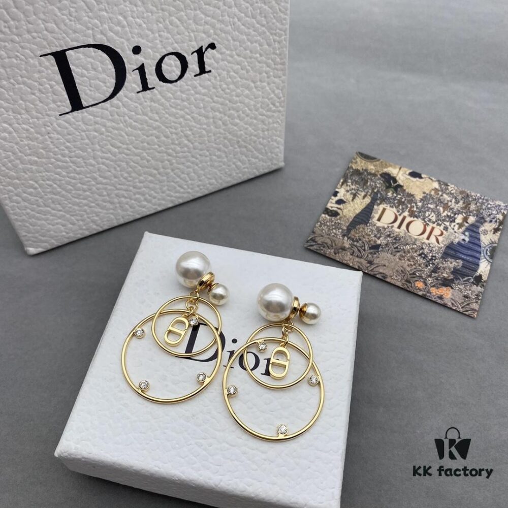 Dior Pearl CD Earrings with Intersecting Large and Small Hoop Design, Adorable and Elegant, Delicately Ethereal