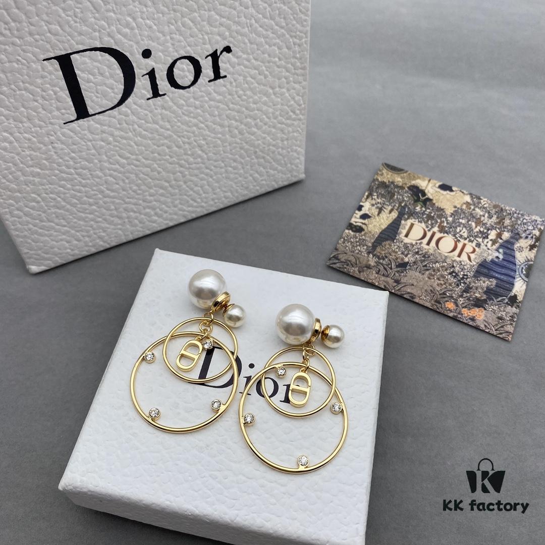 Dior Pearl CD Earrings with Intersecting Large and Small Hoop Design, Adorable and Elegant, Delicately Ethereal