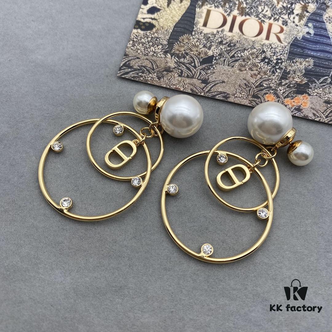 Dior Pearl CD Earrings with Intersecting Large and Small Hoop Design, Adorable and Elegant, Delicately Ethereal