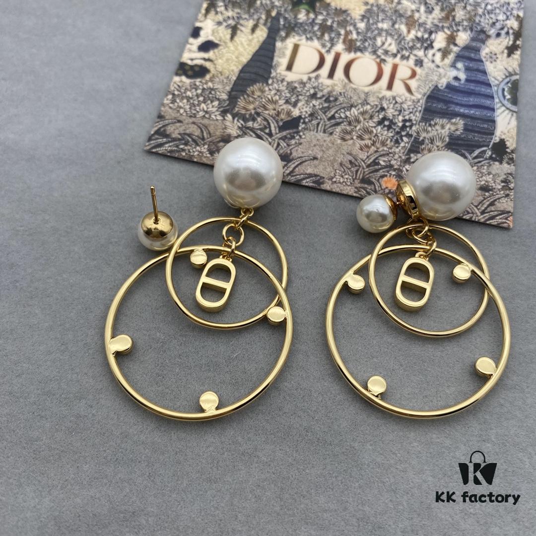 Dior Pearl CD Earrings with Intersecting Large and Small Hoop Design, Adorable and Elegant, Delicately Ethereal
