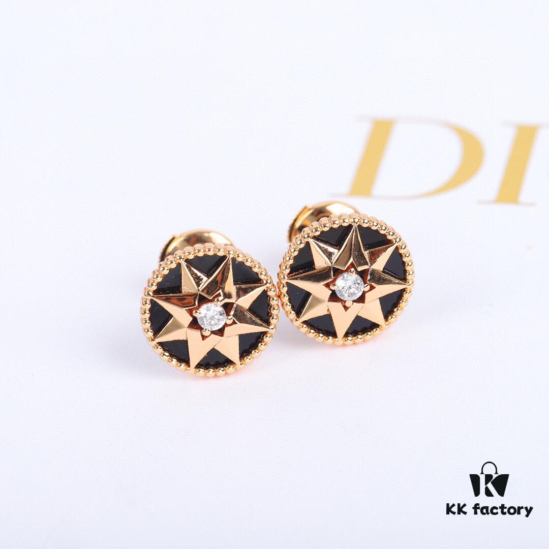 Dior Rose des Vents Collection - 18K Gold Plated Real Diamond Stud Earrings, Two Colors Available: Gold with White Shell, Rose Gold with Pink Opal