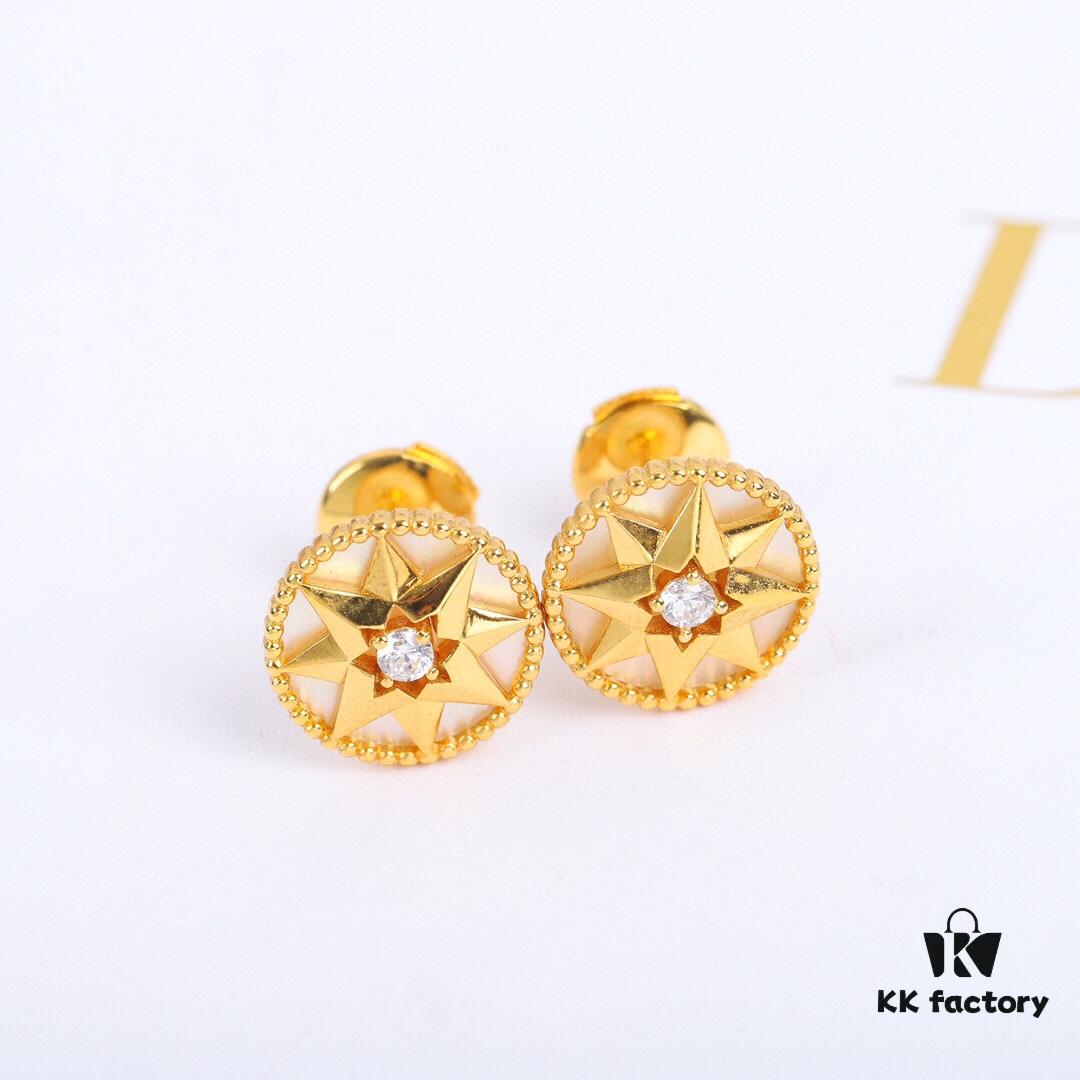 Dior Rose des Vents Collection - 18K Gold Plated Real Diamond Stud Earrings, Two Colors Available: Gold with White Shell, Rose Gold with Pink Opal