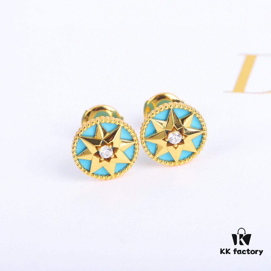 Dior Rose des Vents Collection - 18K Gold Plated Real Diamond Stud Earrings, Two Colors Available: Gold with White Shell, Rose Gold with Pink Opal