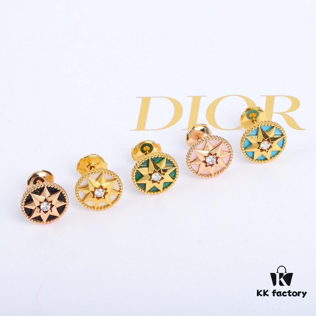Dior Rose des Vents Collection - 18K Gold Plated Real Diamond Stud Earrings, Two Colors Available: Gold with White Shell, Rose Gold with Pink Opal