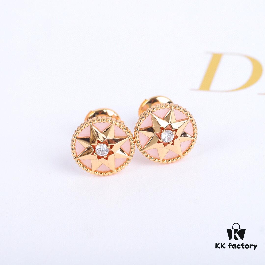 Dior Rose des Vents Collection - 18K Gold Plated Real Diamond Stud Earrings, Two Colors Available: Gold with White Shell, Rose Gold with Pink Opal