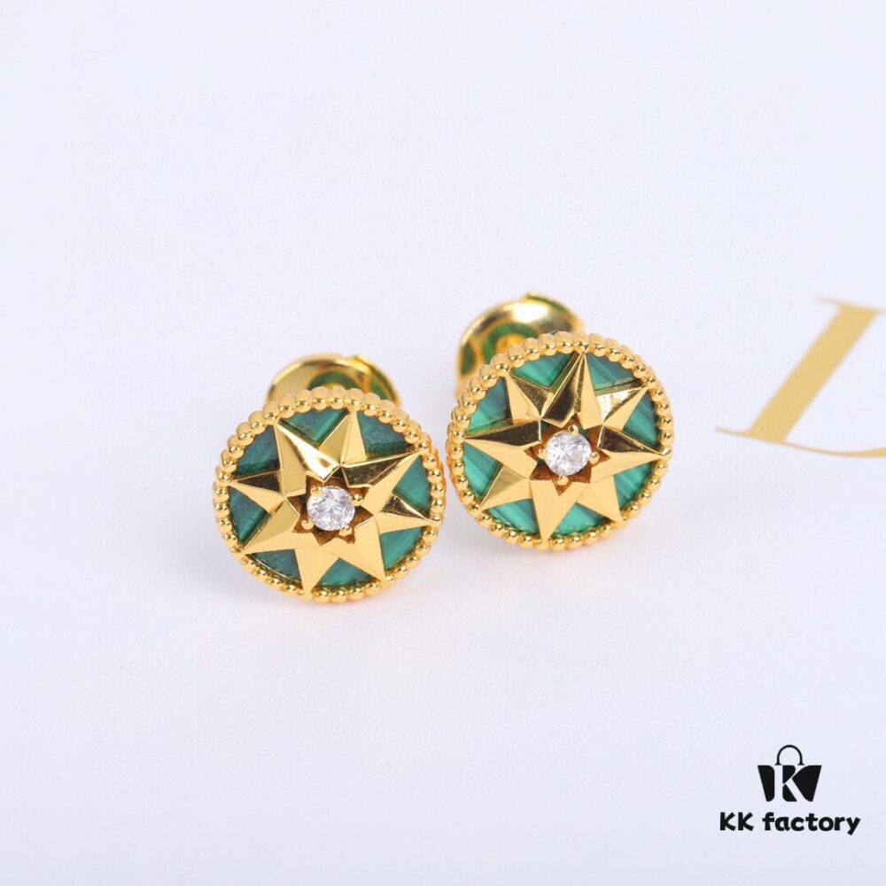 Dior Rose des Vents Collection - 18K Gold Plated Real Diamond Stud Earrings, Two Colors Available: Gold with White Shell, Rose Gold with Pink Opal