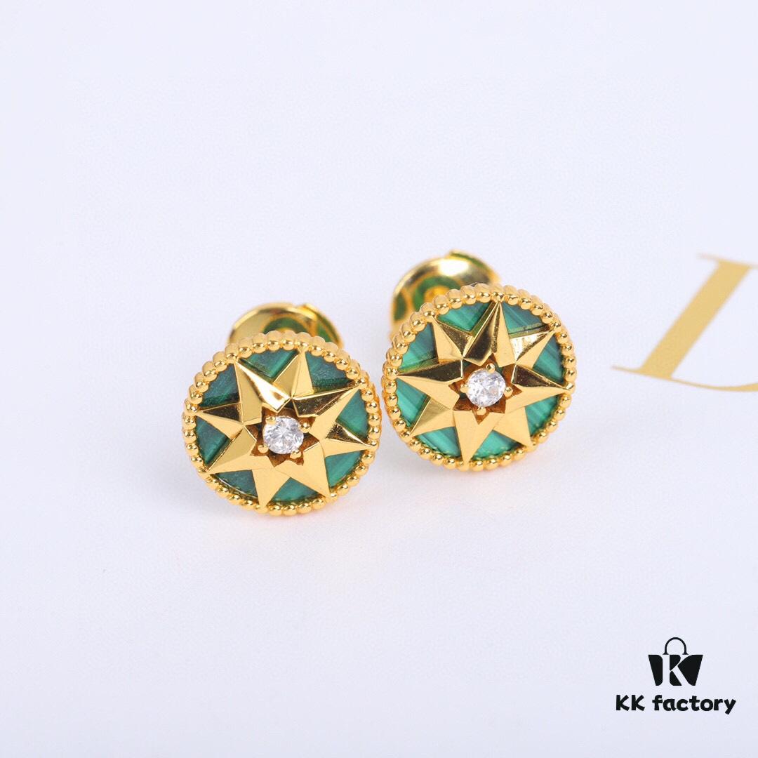 Dior Rose des Vents Collection - 18K Gold Plated Real Diamond Stud Earrings, Two Colors Available: Gold with White Shell, Rose Gold with Pink Opal