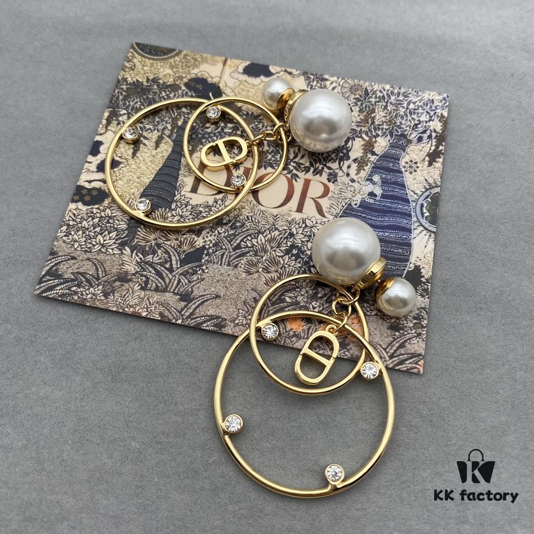 Dior Pearl CD Earrings with Intersecting Large and Small Hoop Design, Adorable and Elegant, Delicately Ethereal