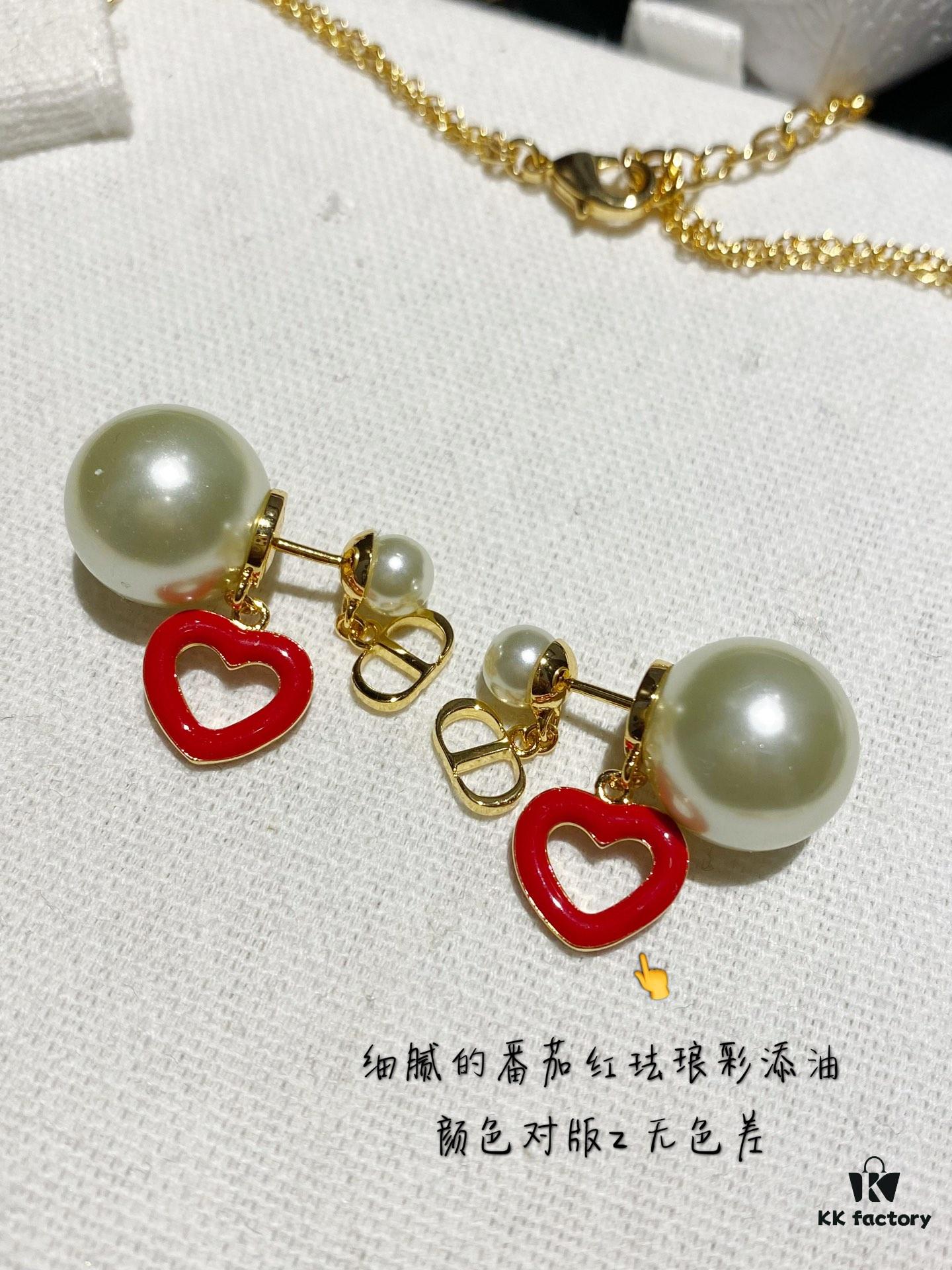 Dior CD Valentine's Day Limited Edition Openwork Heart Necklace and Stud Earrings with Tomato Red Enamel