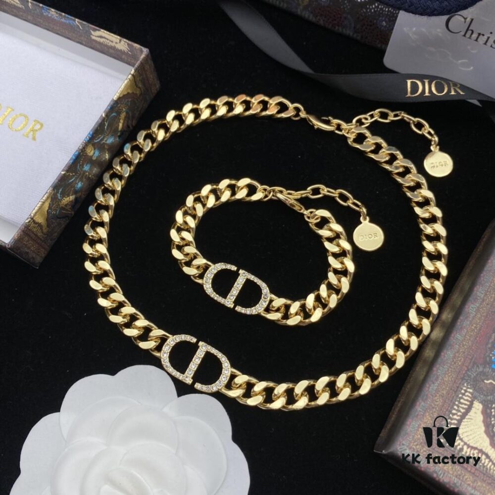 Dior New Style Letter Diamond-Paved Fashion Necklace and Bracelet