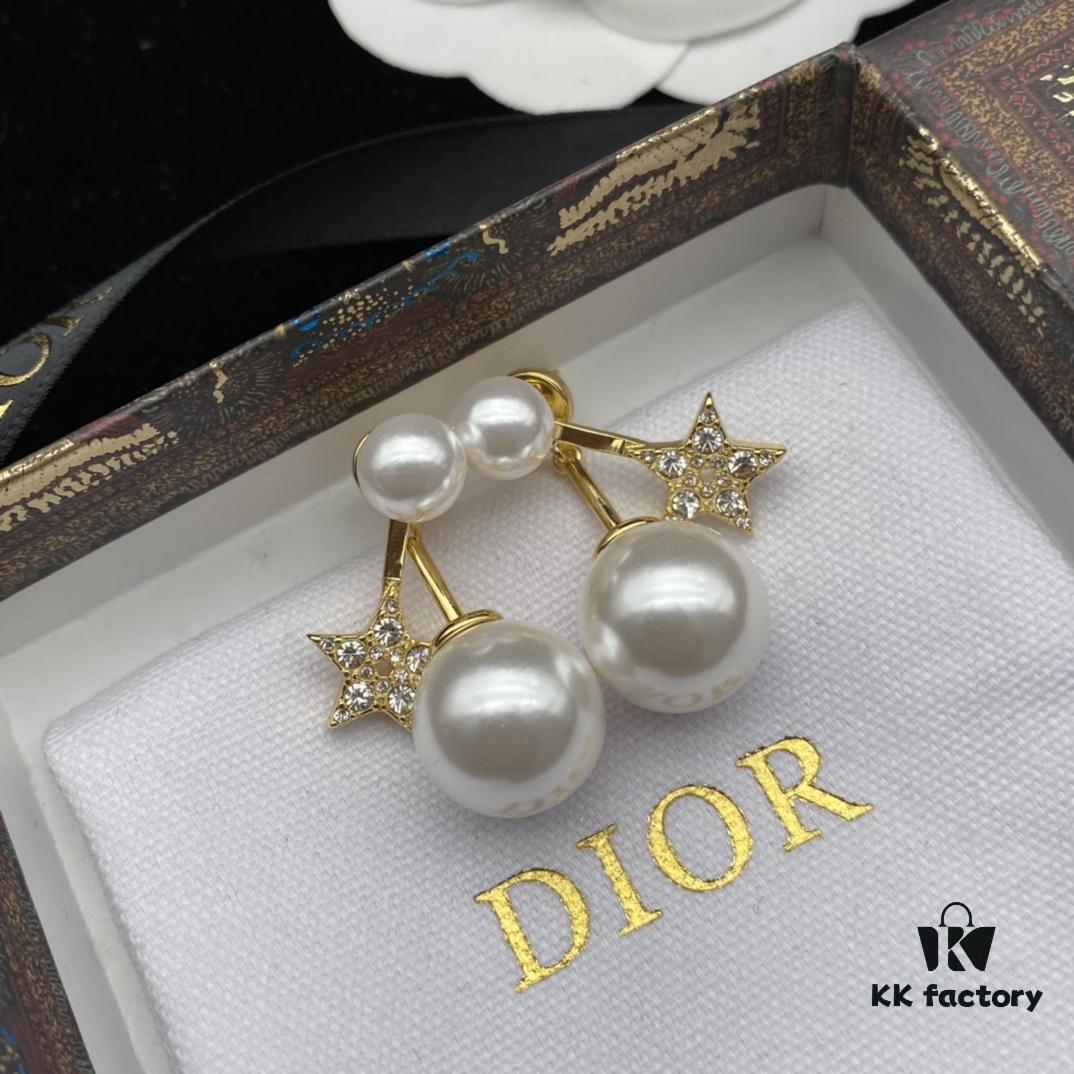 Dior New Star Pearl Diamond-Paved Elegant Vintage Stud Earrings
