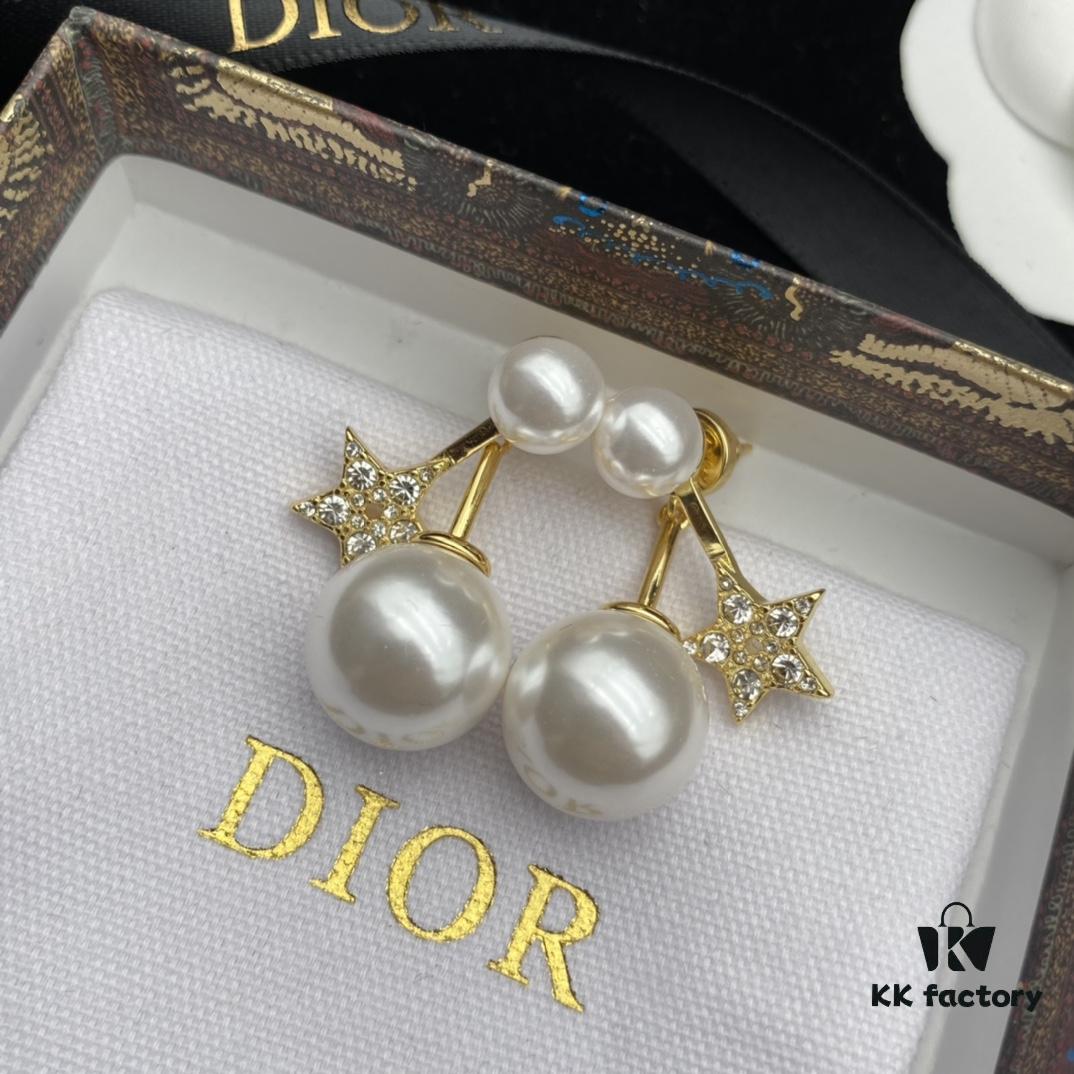 Dior New Star Pearl Diamond-Paved Elegant Vintage Stud Earrings