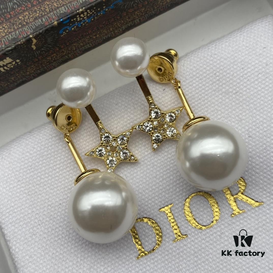 Dior New Star Pearl Diamond-Paved Elegant Vintage Stud Earrings