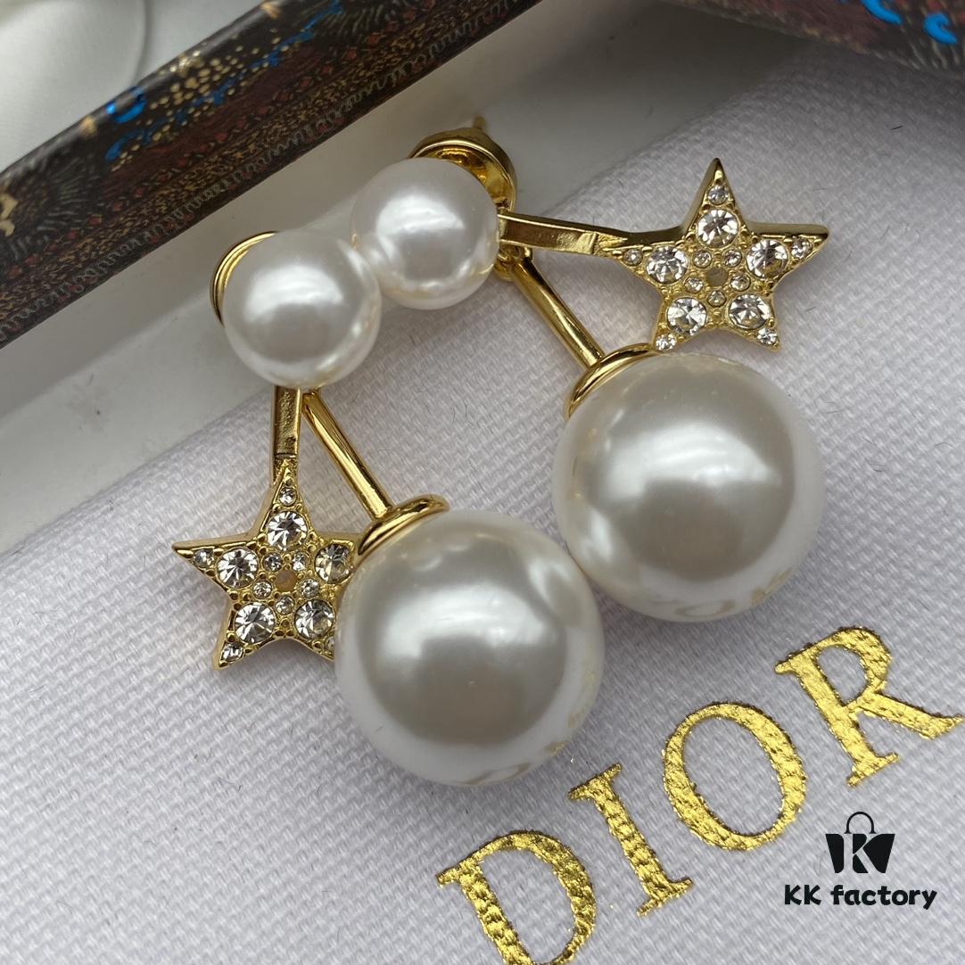 Dior New Star Pearl Diamond-Paved Elegant Vintage Stud Earrings