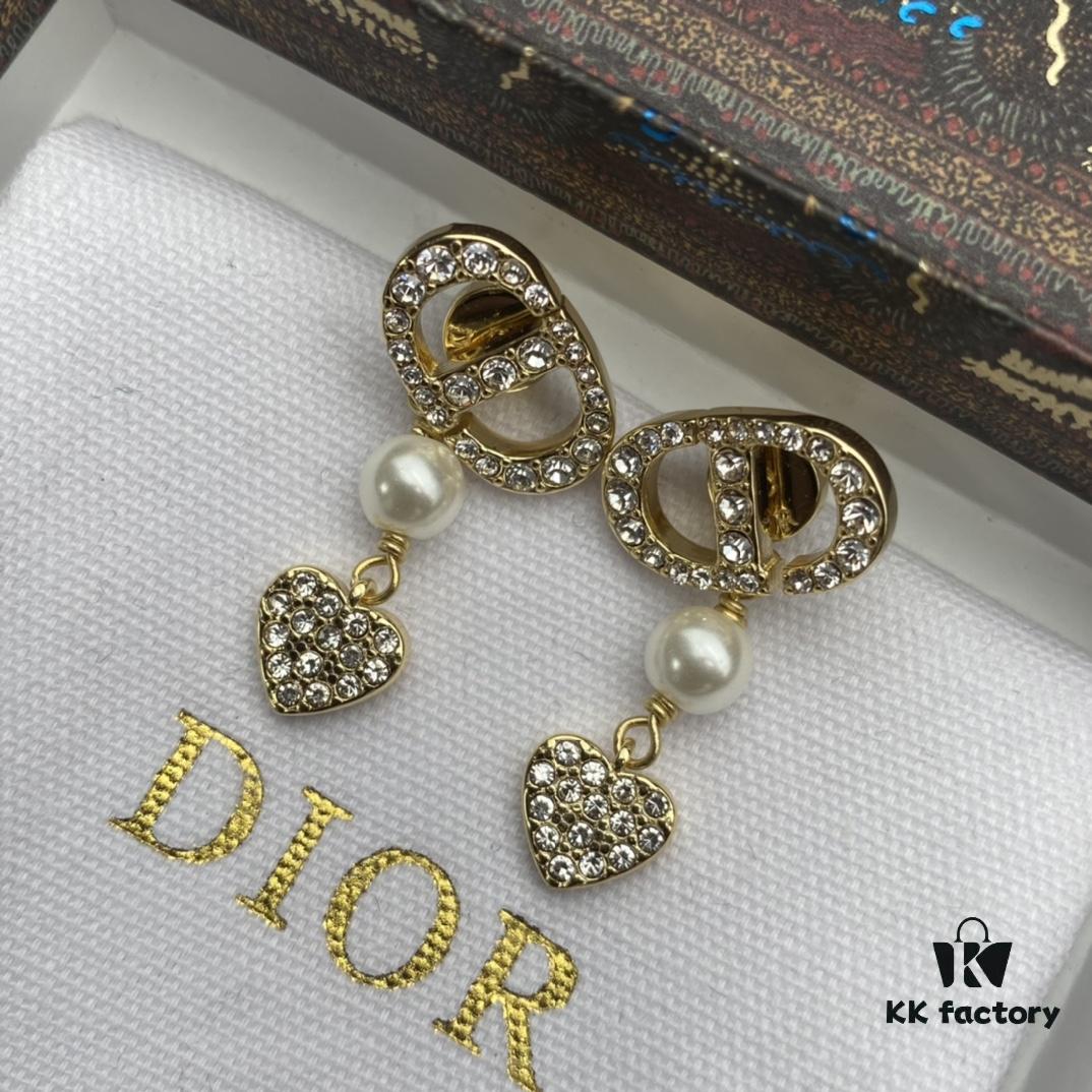 Dior New Letter Heart Pearl Diamond-Encrusted Vintage Tassel Stud Earrings