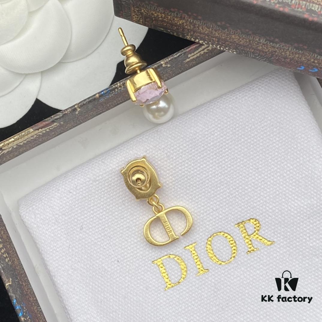 Dior New Letter Pearl Inlaid Diamond Elegant Vintage Stud Earrings