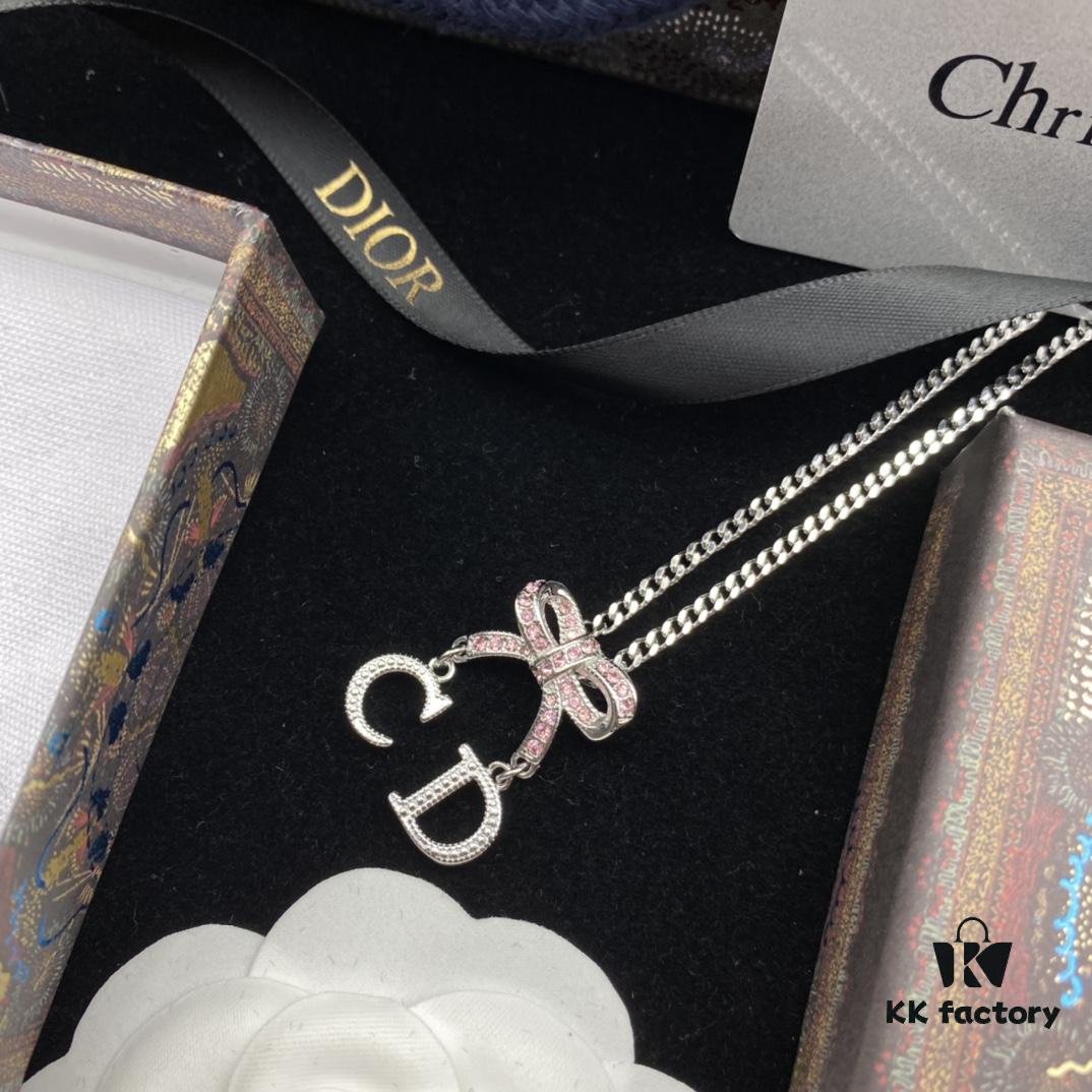 Dior New Letter Bow Diamond-Inlaid Elegant and Sweet Necklace