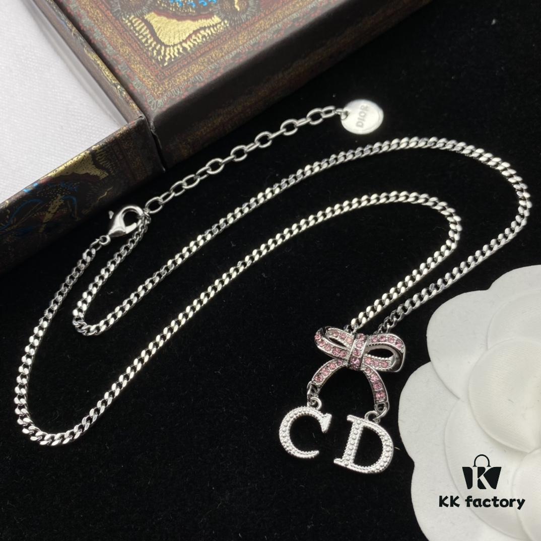 Dior New Letter Bow Diamond-Inlaid Elegant and Sweet Necklace