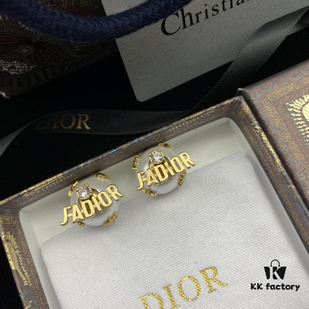 Dior New Style Letter Pearl Inlaid Diamond Fashion Elegant Stud Earrings