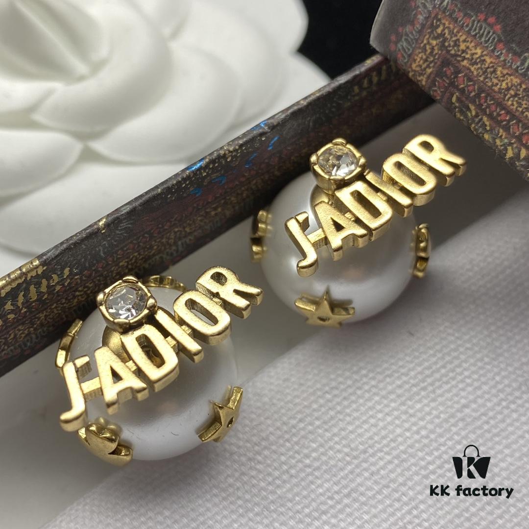 Dior New Style Letter Pearl Inlaid Diamond Fashion Elegant Stud Earrings