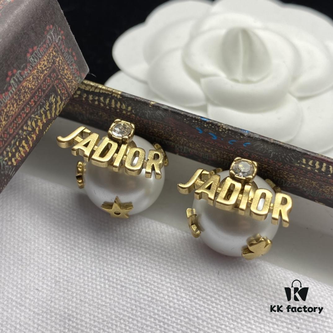Dior New Style Letter Pearl Inlaid Diamond Fashion Elegant Stud Earrings