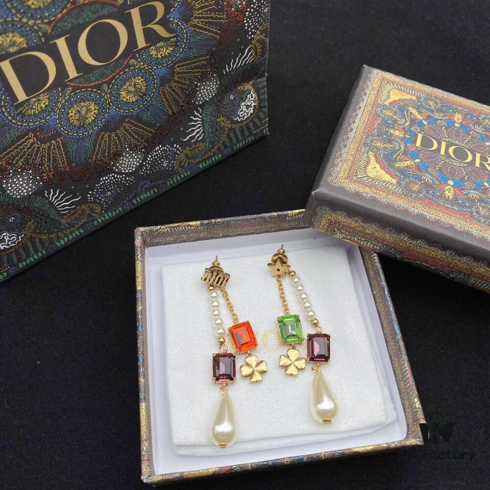 Dior Color Diamond Tassel Earrings Pearl Four-Leaf Clover Star Elements Swarovski Pearl Colored Crystal