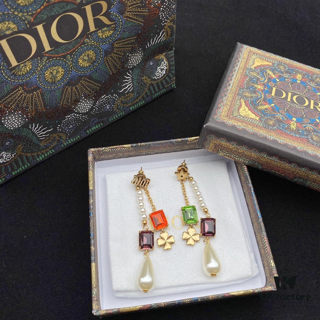Dior Color Diamond Tassel Earrings Pearl Four-Leaf Clover Star Elements Swarovski Pearl Colored Crystal