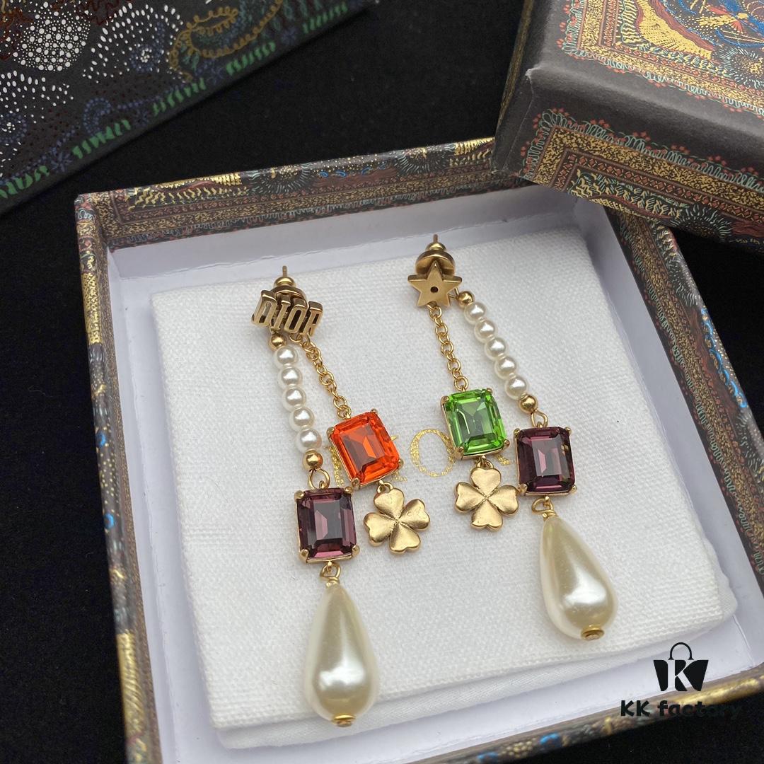 Dior Color Diamond Tassel Earrings Pearl Four-Leaf Clover Star Elements Swarovski Pearl Colored Crystal