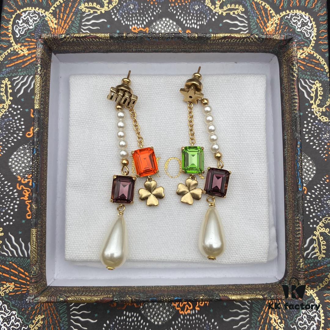 Dior Color Diamond Tassel Earrings Pearl Four-Leaf Clover Star Elements Swarovski Pearl Colored Crystal