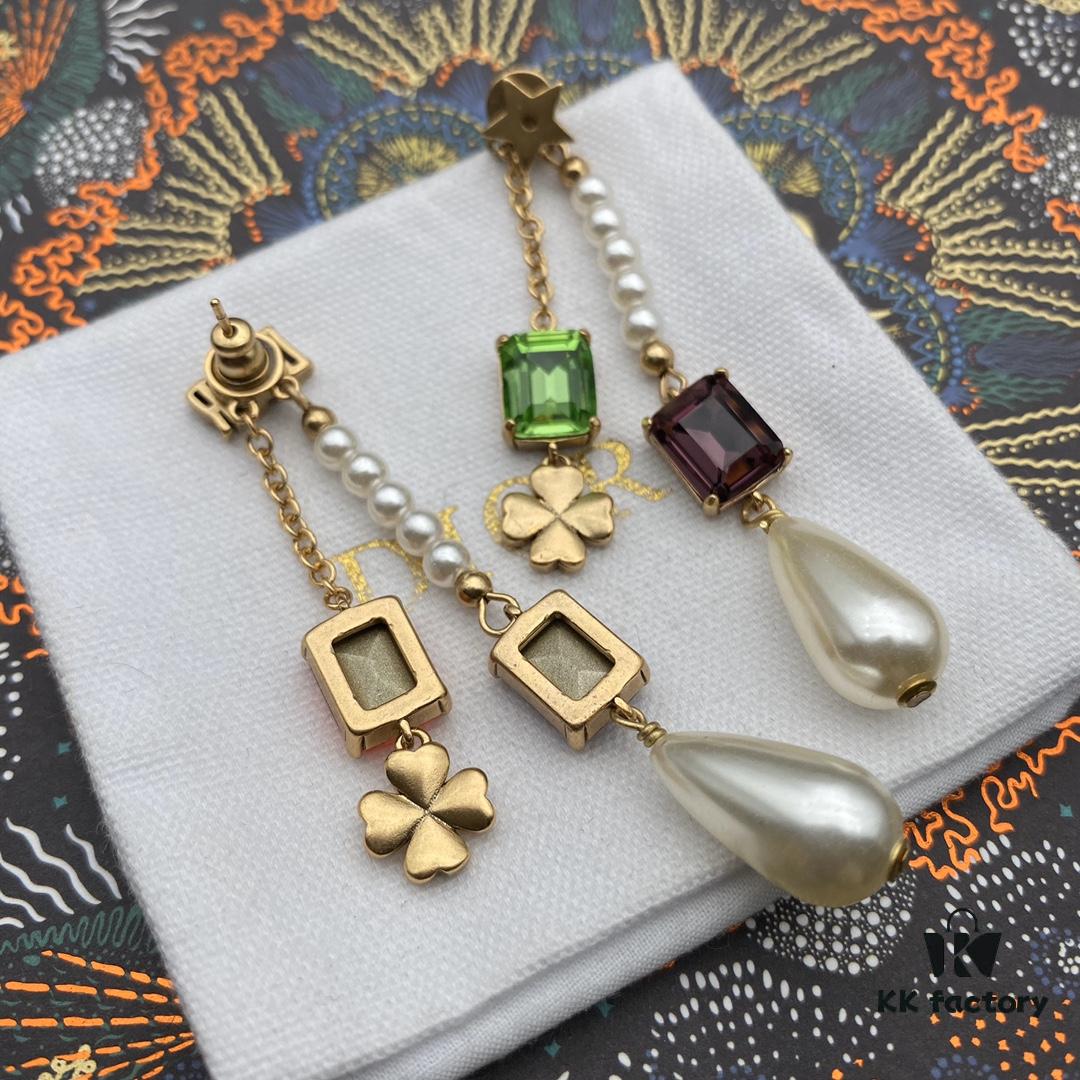 Dior Color Diamond Tassel Earrings Pearl Four-Leaf Clover Star Elements Swarovski Pearl Colored Crystal