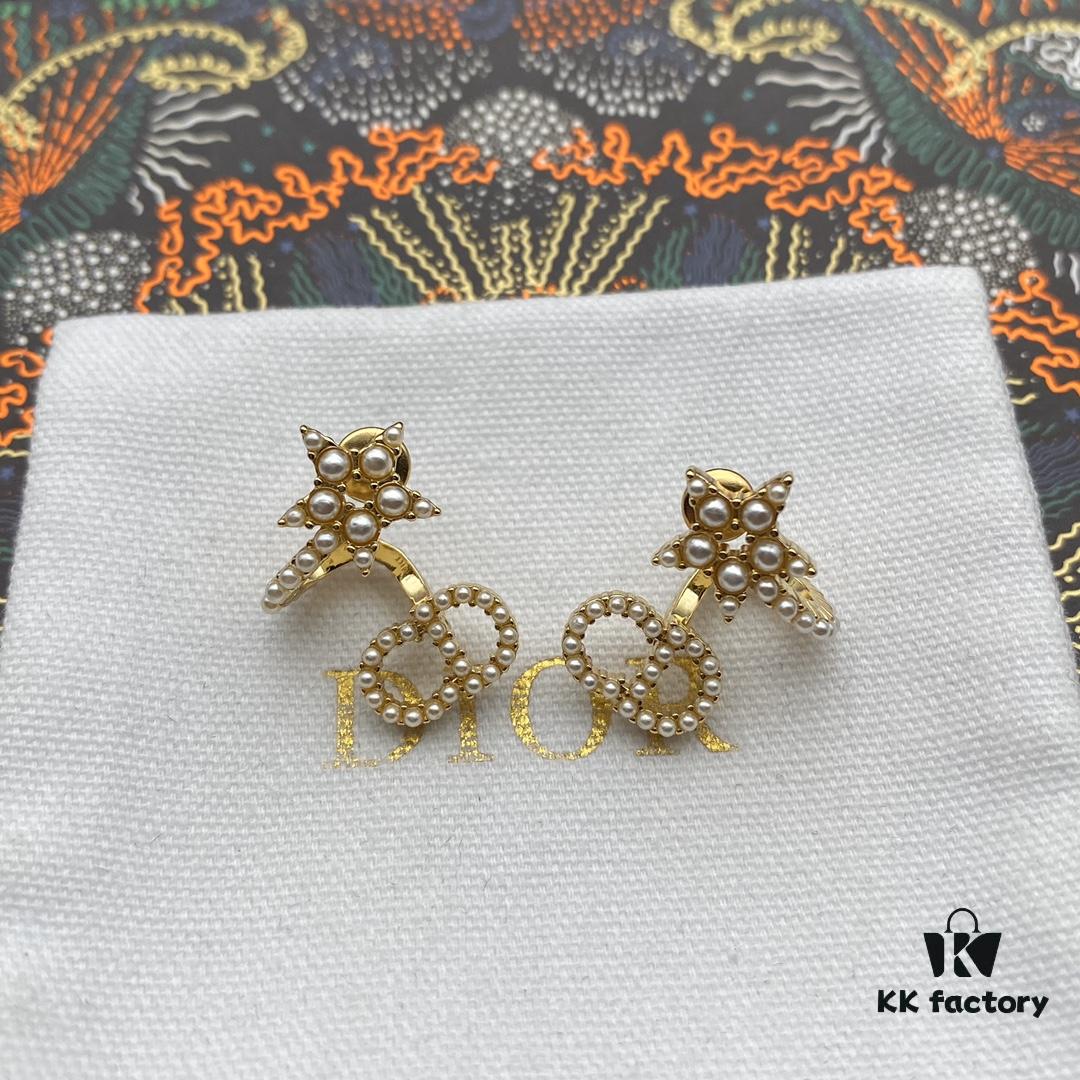 Dior Star CD Pearl Rhinestone Stud Earrings, Unique Design, High Street Wearability