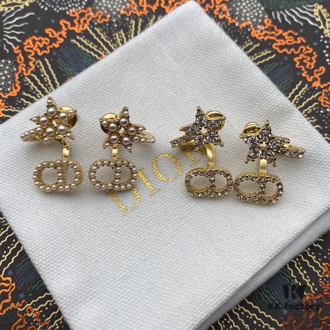 Dior Star CD Pearl Rhinestone Stud Earrings, Unique Design, High Street Wearability