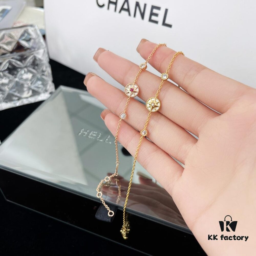 New Compass Bracelet with Dual Diamonds and Reversible Design – Lucky Octagram Style in Ruby Rose Gold and Yellow Gold White Mother-of-Pearl