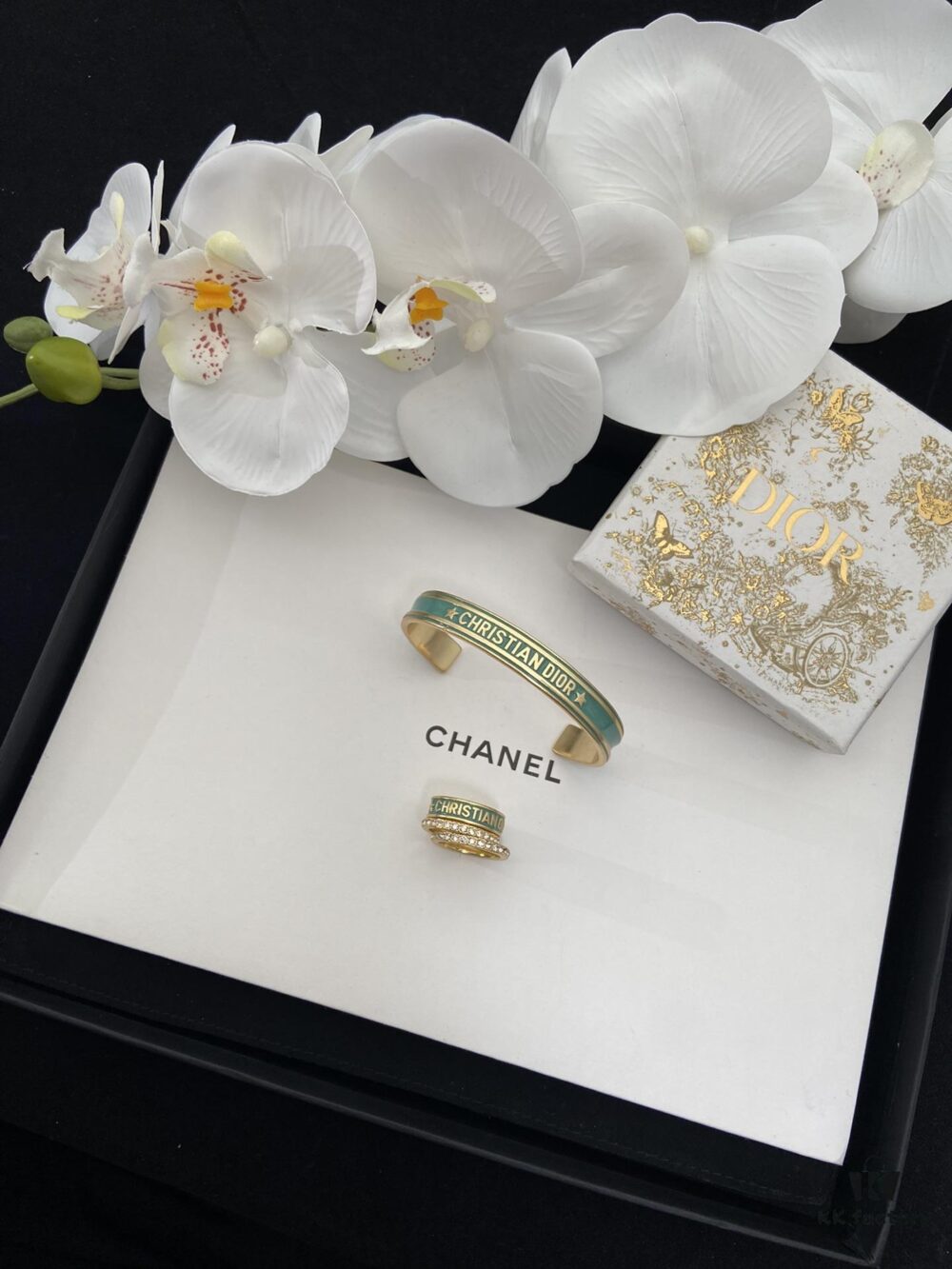 Dior 23 Code Enamel Green Diamond Trilogy Ring Set with Bracelet