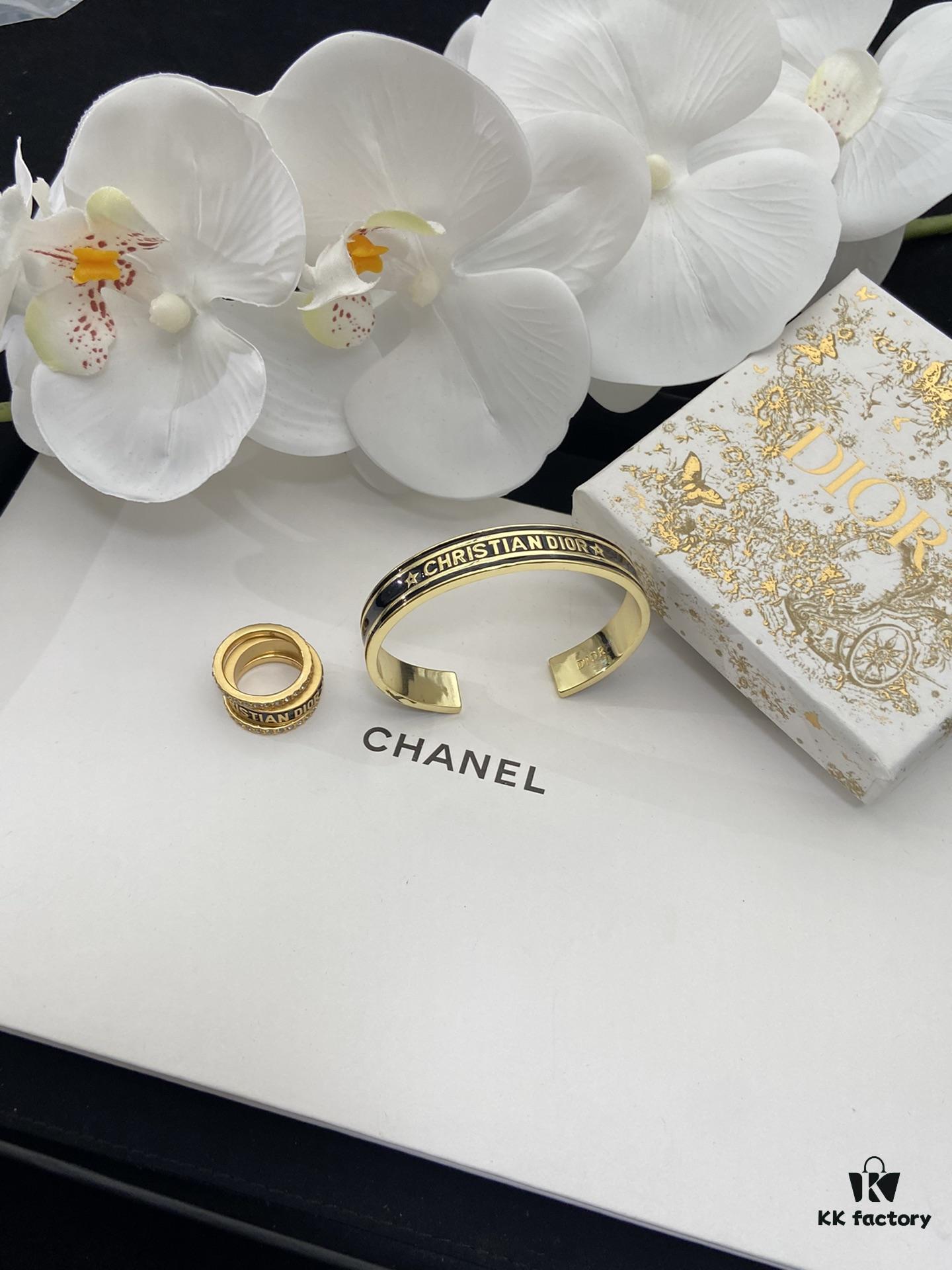 Dior 23 Code Black Letter Enamel Diamond-Paved Ring Trio Set with Bracelet 🖤