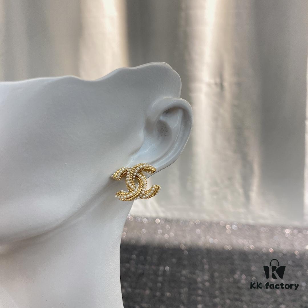 Xiao Xiang New Arrival Pearl Double C Stud Earrings in Gold and Silver