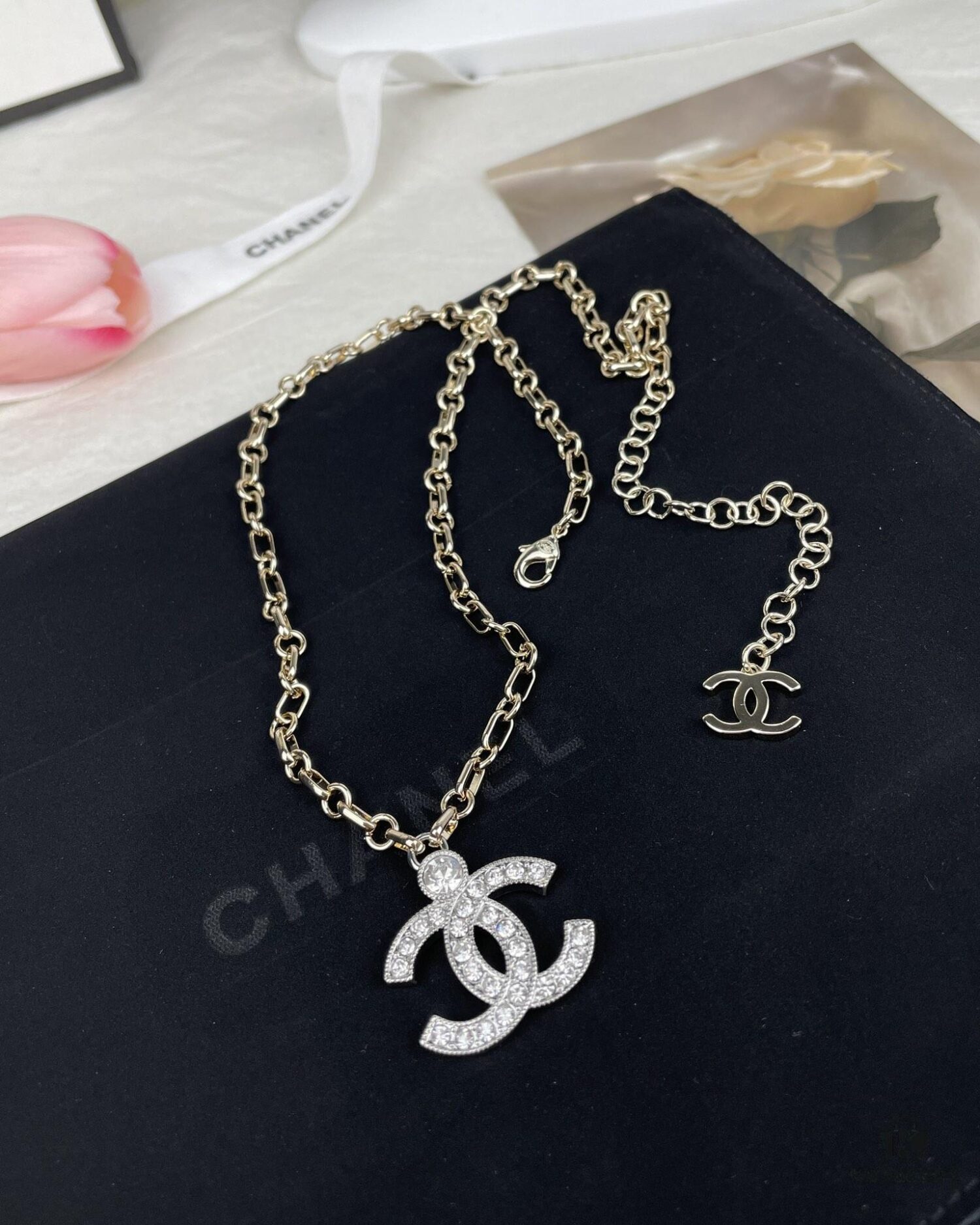 Chanel 23A New Arrival Bicolor Gold and Silver Chain with White Diamond Double C Pendant Necklace