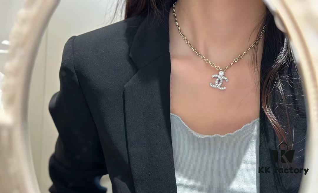 Chanel 23A New Arrival Bicolor Gold and Silver Chain with White Diamond Double C Pendant Necklace