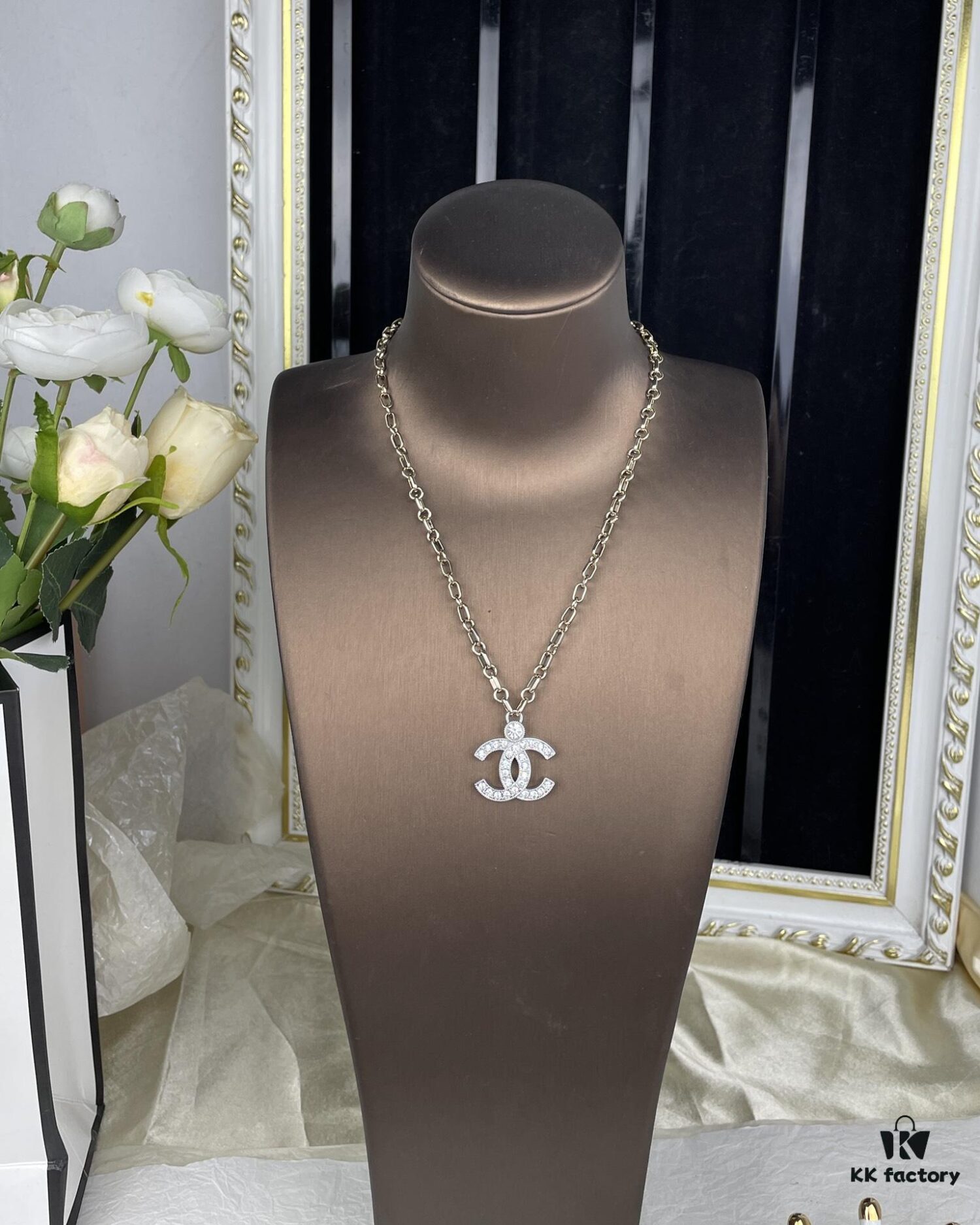 Chanel 23A New Arrival Bicolor Gold and Silver Chain with White Diamond Double C Pendant Necklace
