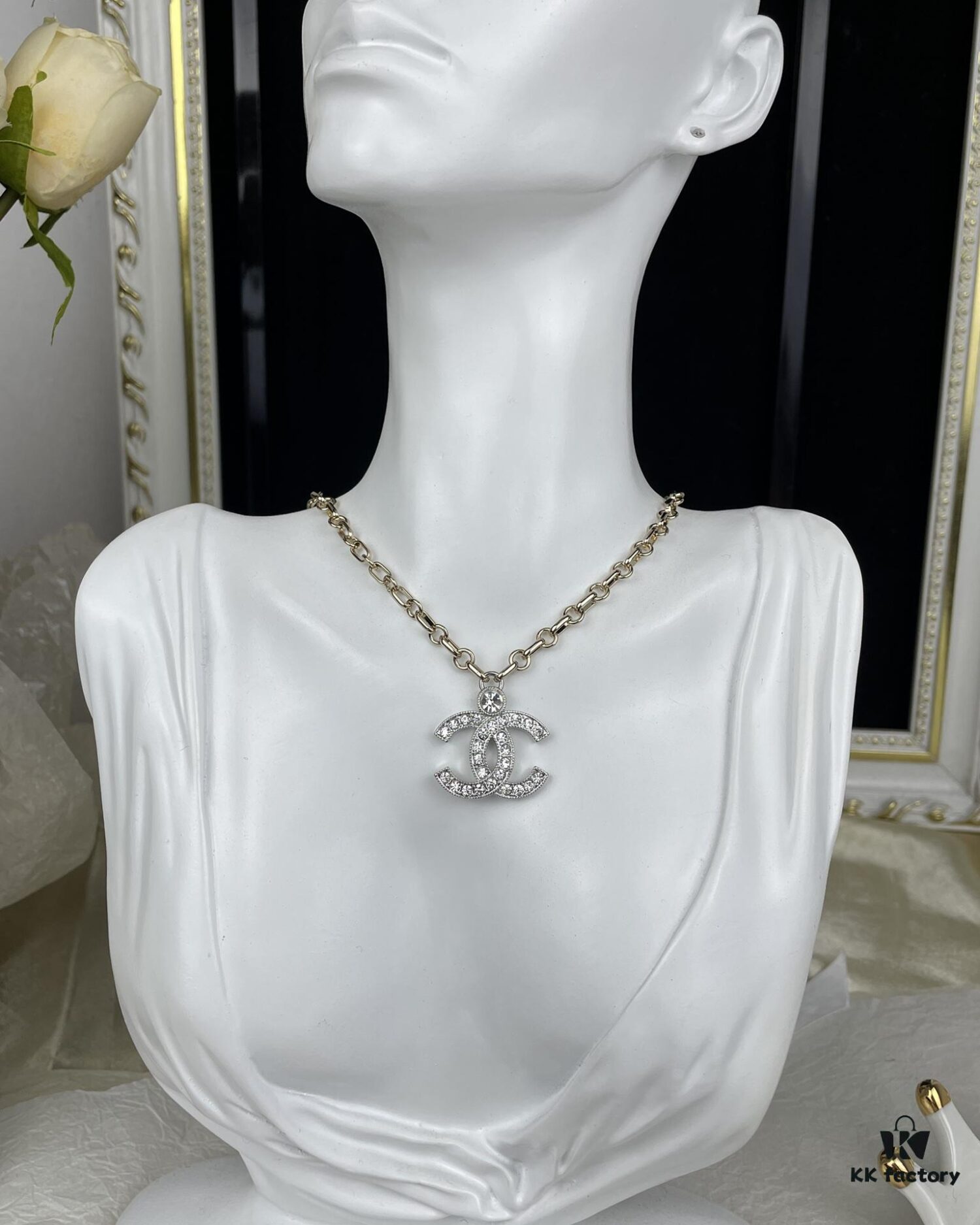 Chanel 23A New Arrival Bicolor Gold and Silver Chain with White Diamond Double C Pendant Necklace