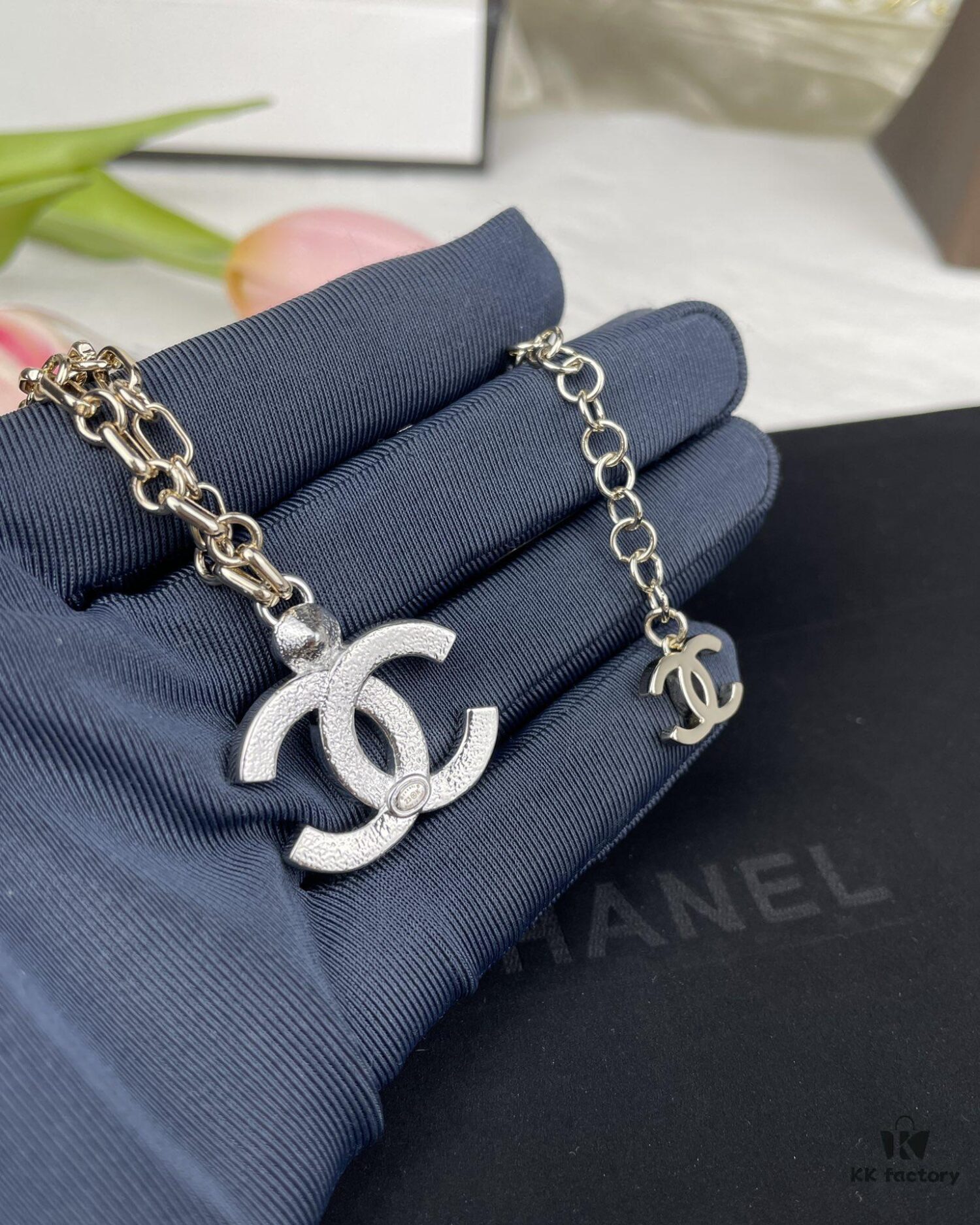 Chanel 23A New Arrival Bicolor Gold and Silver Chain with White Diamond Double C Pendant Necklace