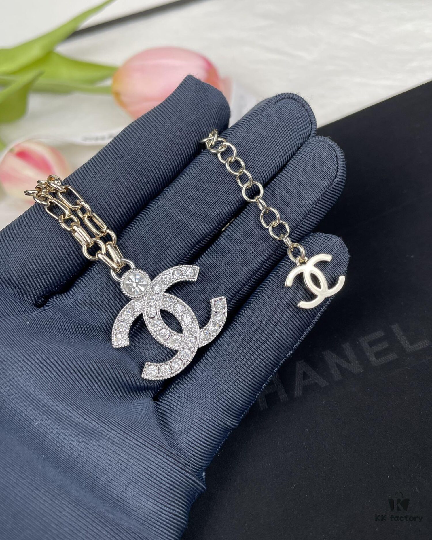 Chanel 23A New Arrival Bicolor Gold and Silver Chain with White Diamond Double C Pendant Necklace