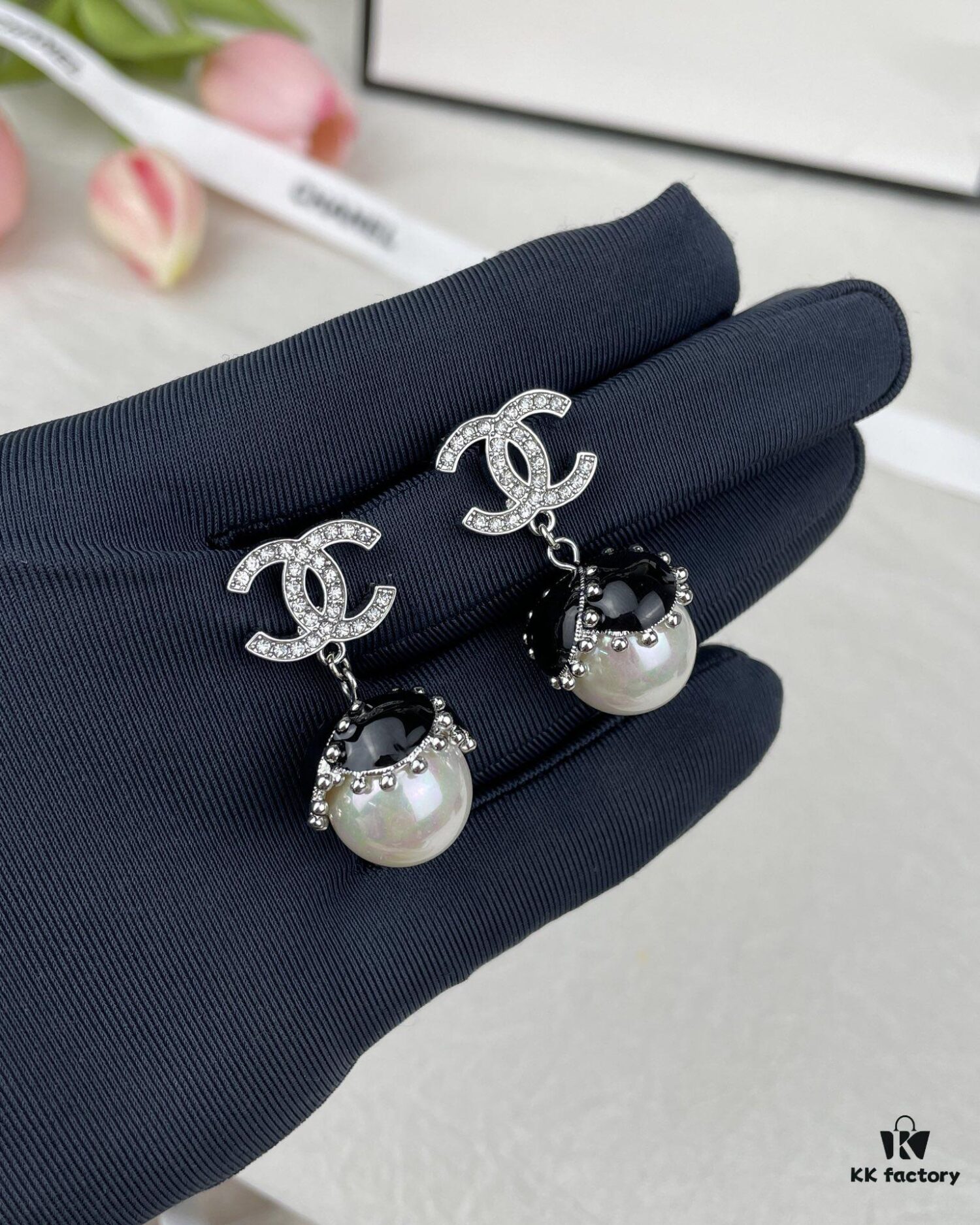 CHANE New Style White Gold Black Bud Pearl Pendant Stud Earrings