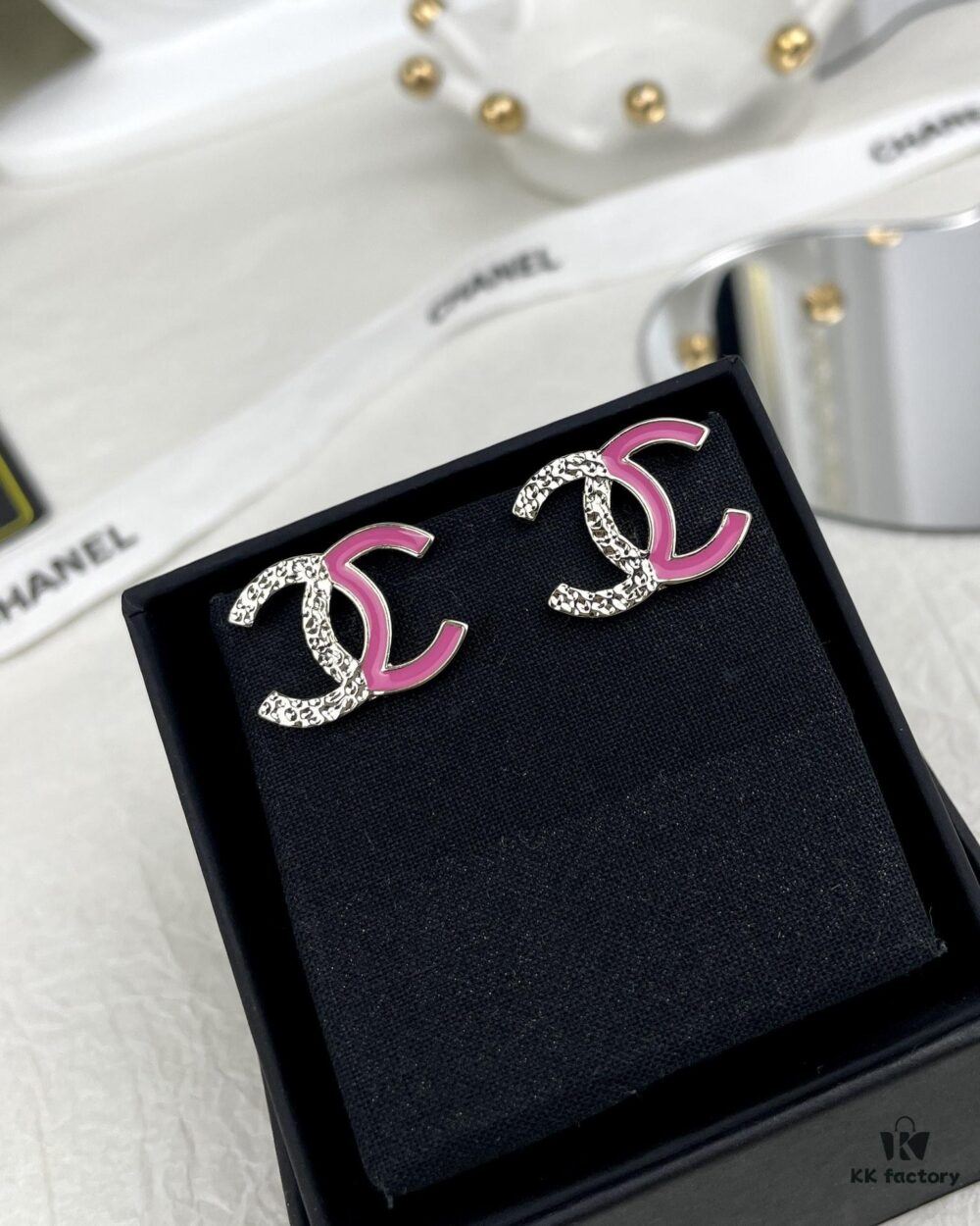 CHANE New 24C Pink Enamel Half-Gold Half-Pink Letter C Stud Earrings