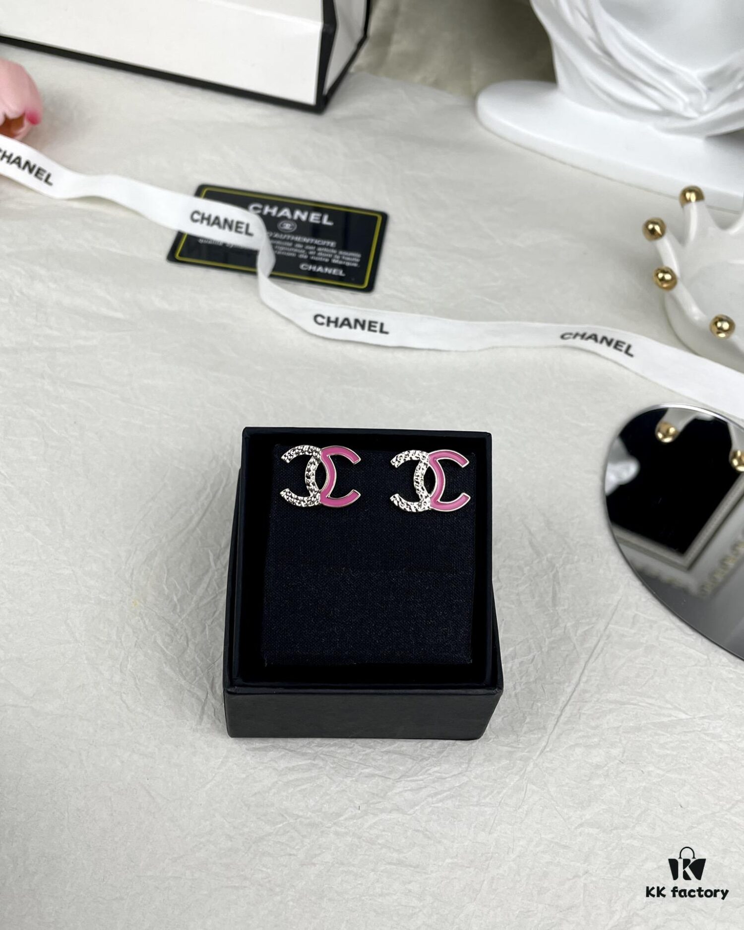 CHANE New 24C Pink Enamel Half-Gold Half-Pink Letter C Stud Earrings